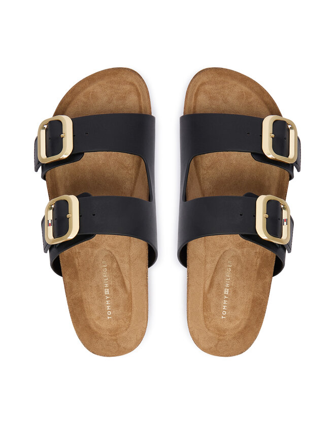 Tommy Hilfiger Pantoletten Tommy Hilfiger Leather Double Strap Cork Sandals FW0FW09118 Schwarz