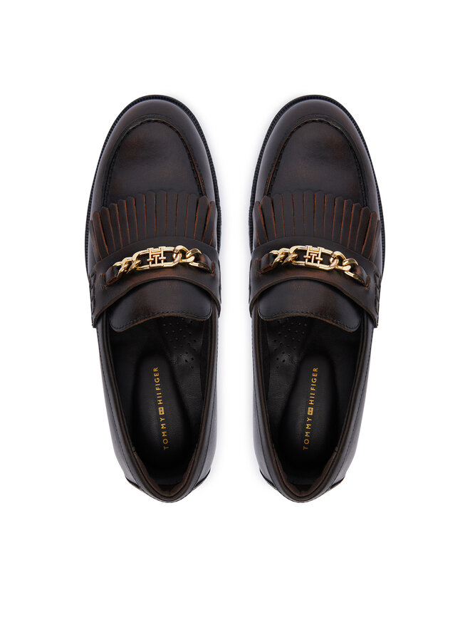 Tommy Hilfiger Slipper Tommy Hilfiger Th Chain Fringe Leather Loafer FW0FW09668 Dunkelbraun
