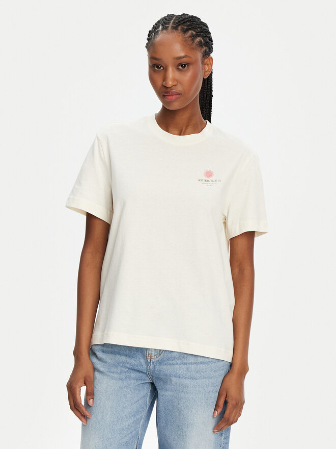 Mustang Mustang T-shirt Floris 1016141 Écru Relaxed Fit