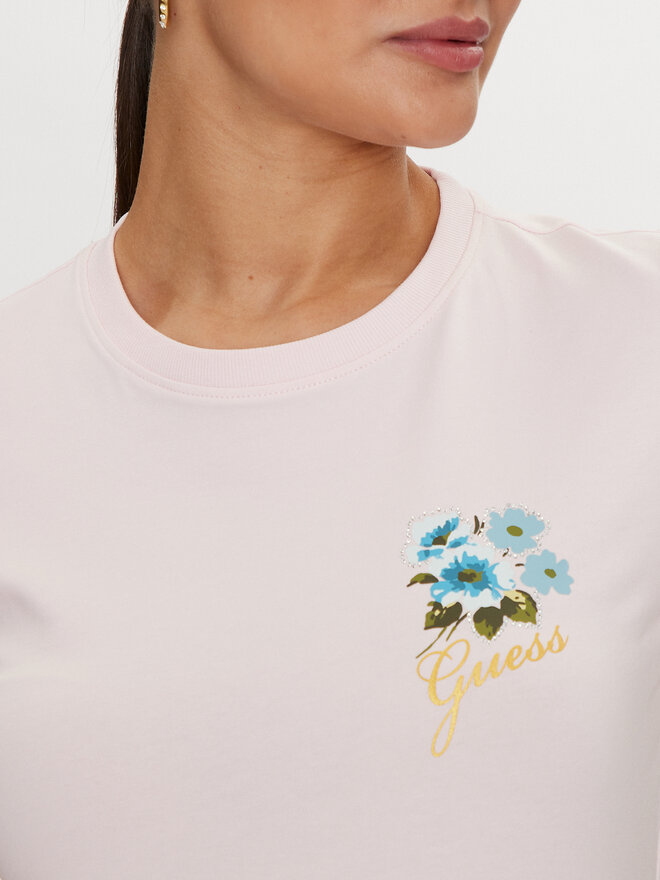 Guess Guess Marškinėliai Flowers W4YI30 J1314 Rožinė Slim Fit