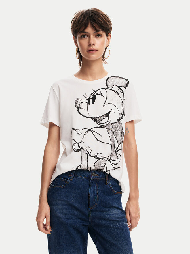 Desigual Desigual Marškinėliai Mickey Drawing 24WWTKA1 Écru Regular Fit