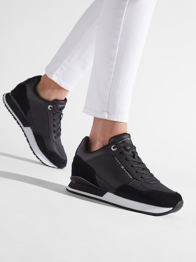 Black leather wedge sneakers on sale