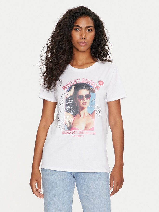 Guess Guess Marškinėliai Ss Malibu Girl Easy W4GI54 K9RM1 Balta Regular Fit