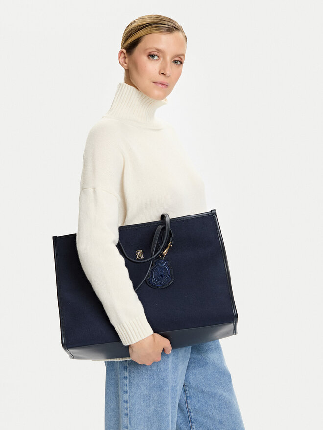 Tommy Hilfiger Ročna torba Tommy Hilfiger Th City Large Tote Melton AW0AW18215 Mornarsko modra