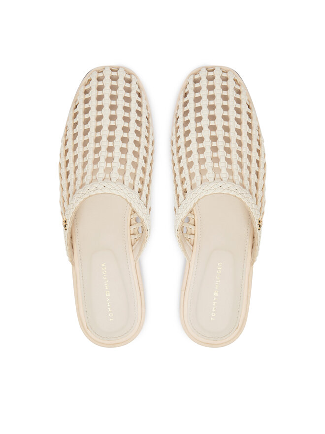 Tommy Hilfiger Pantoletten Tommy Hilfiger Hilfiger Leather Mix Flat Mule FW0FW09280 Creme