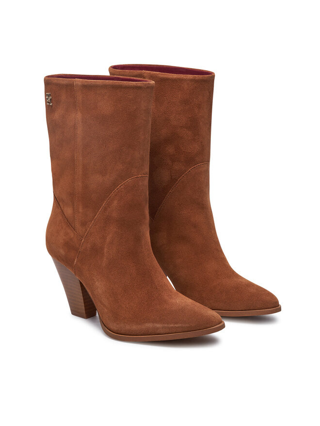 Tommy Hilfiger Polokozačky Tommy Hilfiger Mid Cowboy Heel Suede FW0FW08435 Hnědá