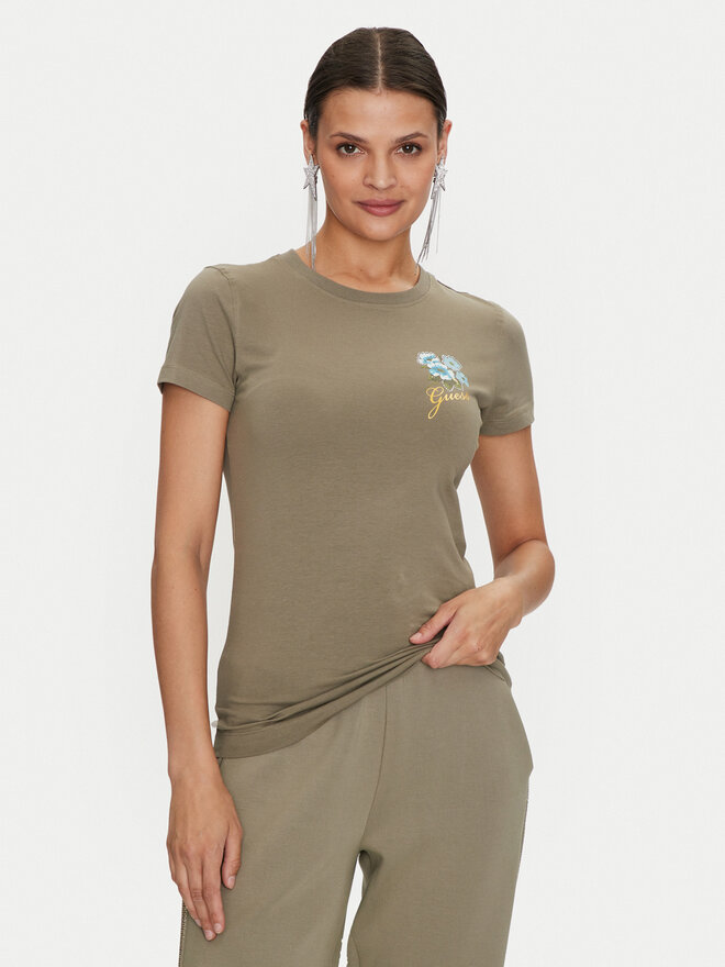 Guess Guess Marškinėliai Flowers W4YI30 J1314 Žalia Slim Fit