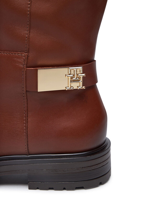 Tommy Hilfiger Kozačky ve vojenském stylu Tommy Hilfiger Th Logo Leather Long Boot FW0FW08335 Hnědá