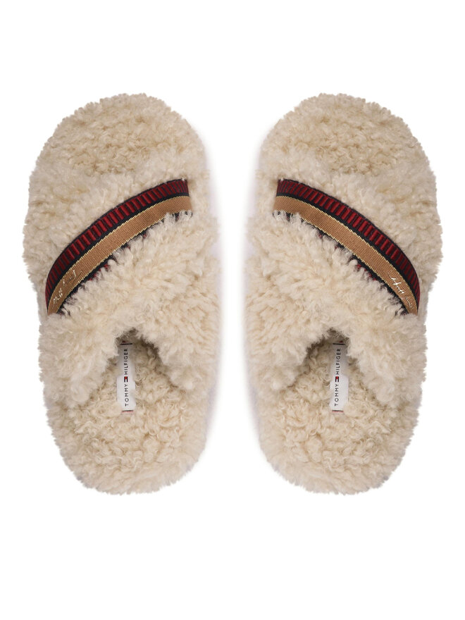 Tommy Hilfiger Hausschuhe Tommy Hilfiger Sherpa Fur Home Slippers Strap FW0FW06576 Beige