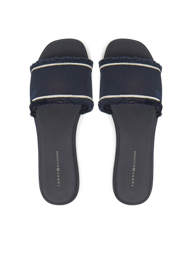 Tommy Hilfiger Pantoletten Tommy Hilfiger Fringe Canvas Flat Sandal FW0FW08908 Dunkelblau