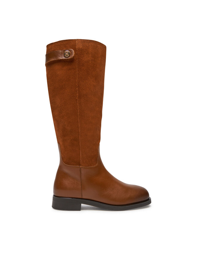 Tommy Hilfiger Kozačky ve vojenském stylu Tommy Hilfiger Th Stud Leather Mix Long Boot FW0FW08341 Hnědá