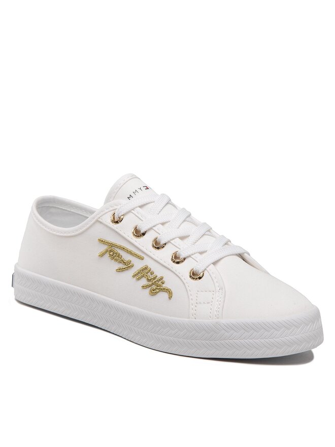 Tommy hilfiger white and gold sneakers discount