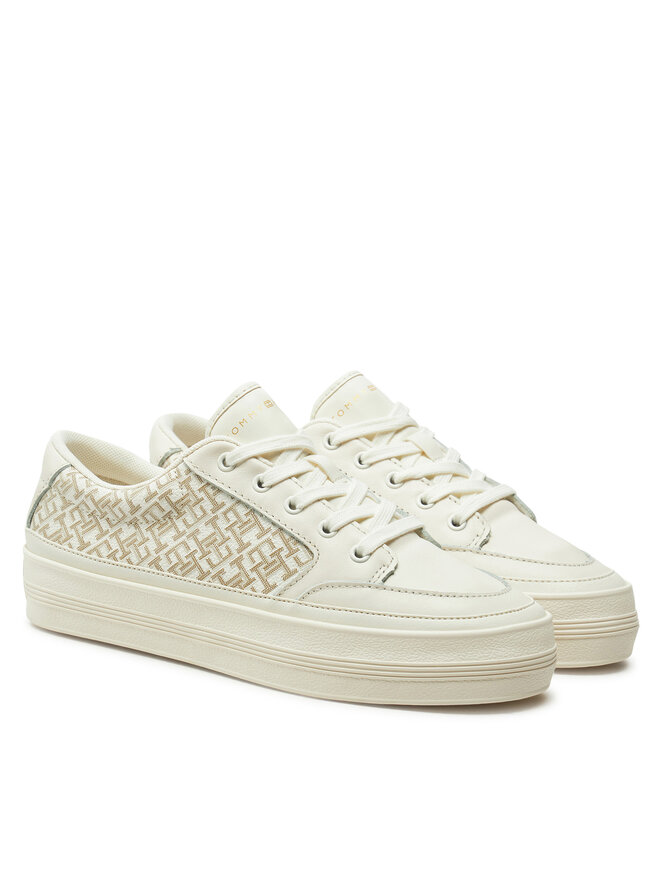 Tommy Hilfiger Sneakersy Tommy Hilfiger Vulc Leather Sneaker Monogram FW0FW08331 Écru