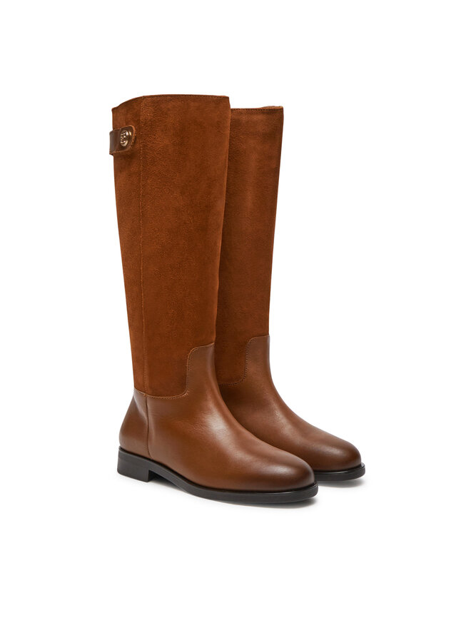 Tommy Hilfiger Kozačky ve vojenském stylu Tommy Hilfiger Th Stud Leather Mix Long Boot FW0FW08341 Hnědá