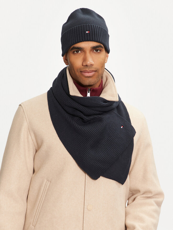 Tommy Hilfiger Set Schal und Mütze Tommy Hilfiger Flag Pima Cotton Beanie & Scarf AM0AM12937 Dunkelblau