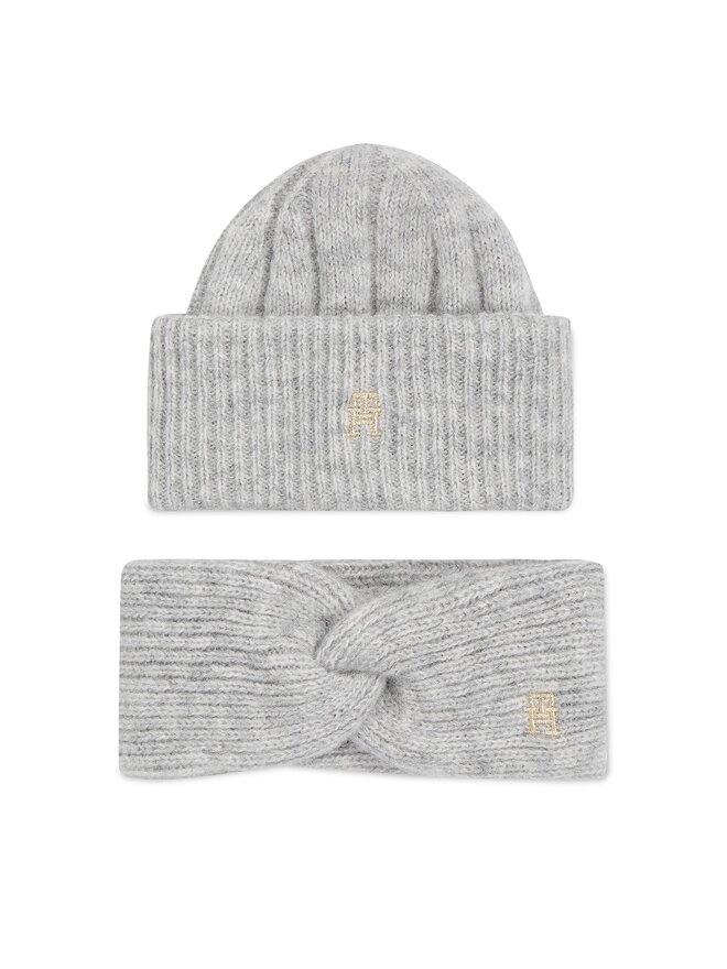 Tommy Hilfiger Mütze und Stirnband Set Tommy Hilfiger Th Timeless Beanie + Headband AW0AW15370P4A Grau