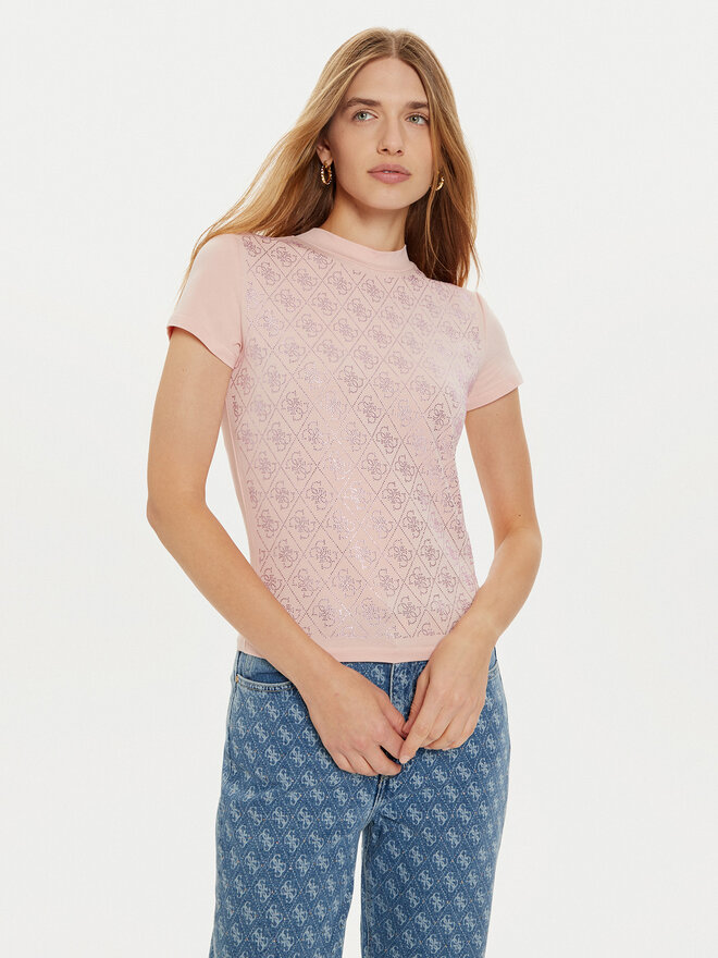 Guess Guess Marškinėliai W4BI26 J1314 Rožinė Slim Fit