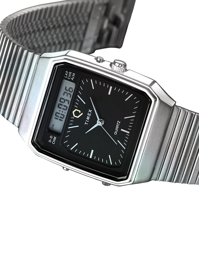 Timex Zegarek Timex Q Timex® 1982 Ana-Digi Reissue Chronograph TW2Y05900 Srebrny