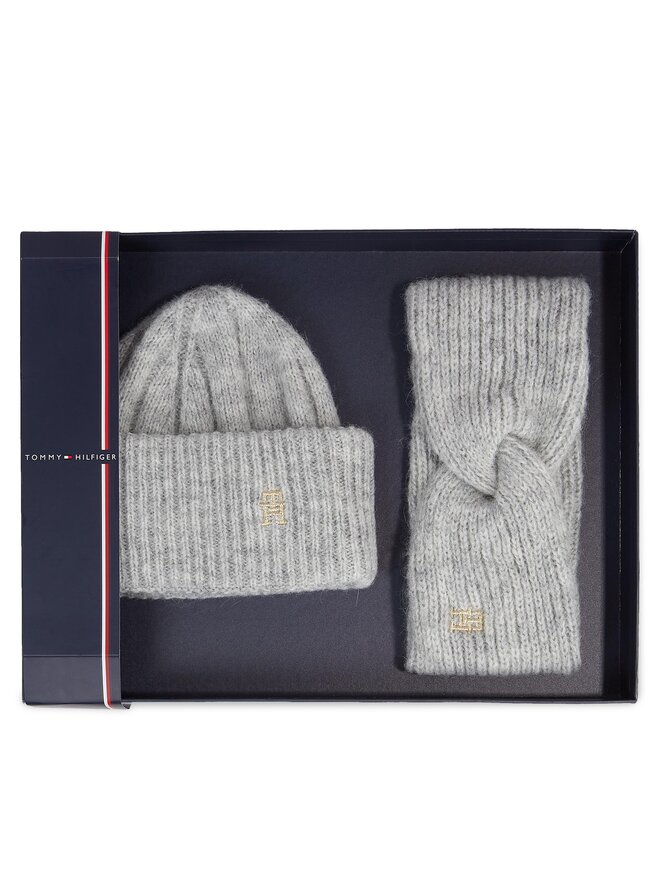 Tommy Hilfiger Mütze und Stirnband Set Tommy Hilfiger Th Timeless Beanie + Headband AW0AW15370P4A Grau