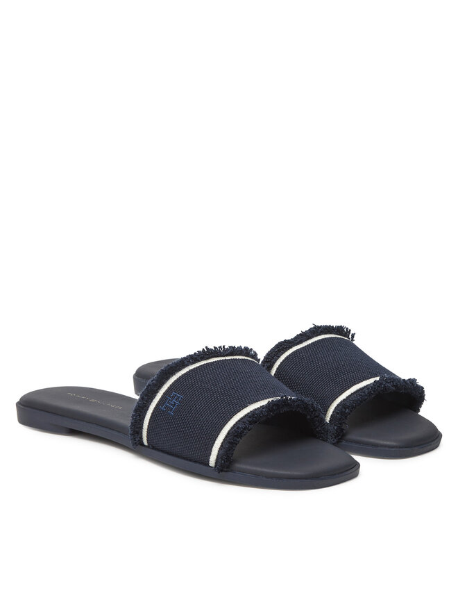 Tommy Hilfiger Pantoletten Tommy Hilfiger Fringe Canvas Flat Sandal FW0FW08908 Dunkelblau