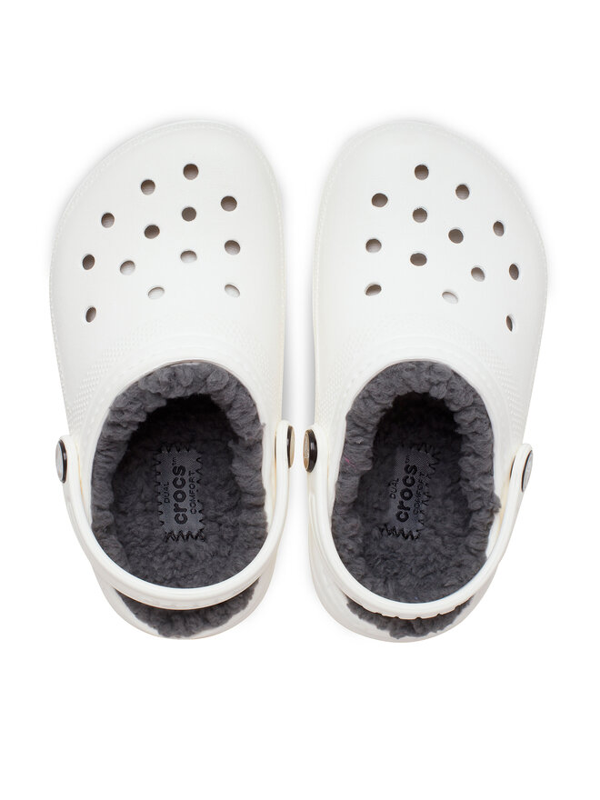 White crocs with gray fur top