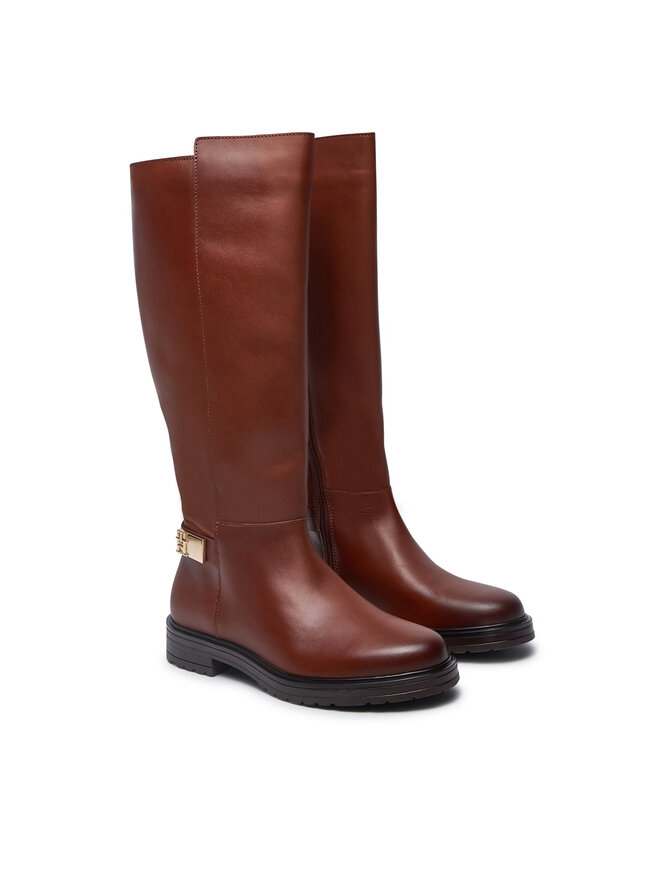 Tommy Hilfiger Kozačky ve vojenském stylu Tommy Hilfiger Th Logo Leather Long Boot FW0FW08335 Hnědá
