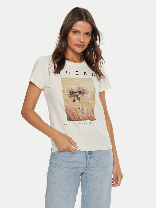 Guess Guess Marškinėliai W4BI13 KCJI0 Écru Regular Fit