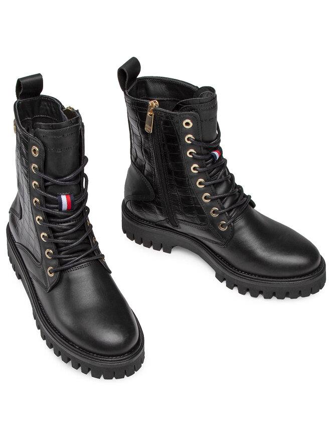 Bottes de randonnee Tommy Hilfiger Croco Look Flat Boot FW0FW05284 Noir chaussures