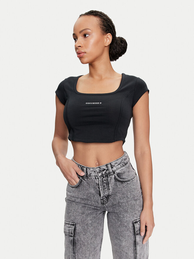 Converse Converse Marškinėliai W Wordmark Corset Top 10026506-A01 Juoda Slim Fit