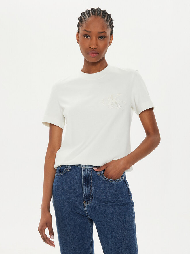Calvin Klein Jeans Calvin Klein Jeans Camiseta Satin Applique J20J223925 Écru Regular Fit
