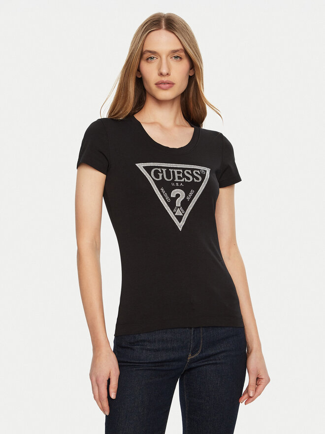 Guess Guess Marškinėliai SS CN SHINY TRIANGLE Juoda Shirt Fit