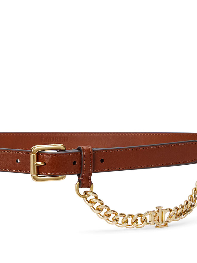 LAUREN RALPH LAUREN Pasek Damski LAUREN RALPH LAUREN Logo-Chain Leather Skinny Belt 412968767001 Brązowy