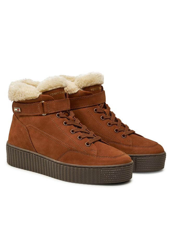 Tommy Hilfiger Ботильйони Tommy Hilfiger Faux Fur Nubuck Low Lace-Up FW0FW08172 Коричневий