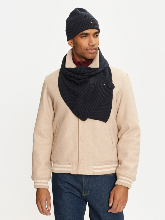 Tommy Hilfiger Set Schal und Mütze Tommy Hilfiger Flag Pima Cotton Beanie & Scarf AM0AM12937 Dunkelblau