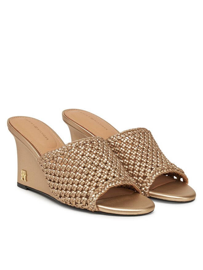 Tommy Hilfiger Klapki Tommy Hilfiger Crochet Metallic Lthr Wedge Mule FW0FW08812 Złoty