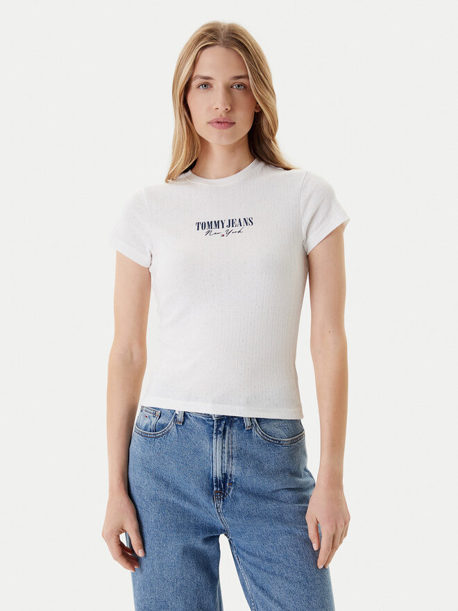 Tommy Jeans Tommy Jeans Camiseta Logo Pointelle DW0DW20899 Écru Slim Fit