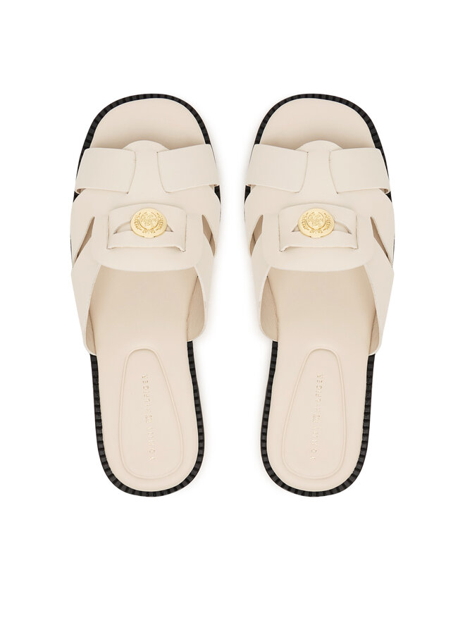 Tommy Hilfiger Pantoletten Tommy Hilfiger Leather Crest Square Toe Sandals FW0FW09126 Creme