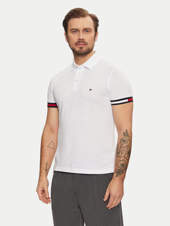 Tommy Hilfiger Tommy Hilfiger Pólóing Flag Cuff MW0MW37518 Fehér Slim Fit