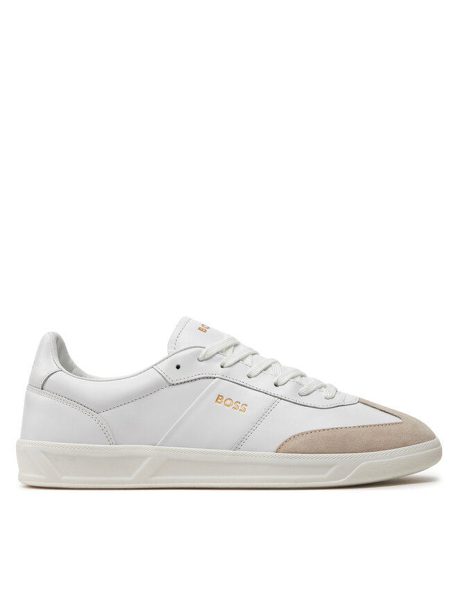 BOSS Hommes Brandon Tenn Baskets en Cuir et Cuir suédé avec Logos imprimés en Transfert, Open Beige, 47 EU