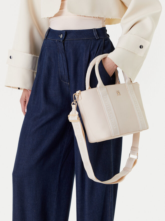 Tommy Hilfiger Ročna torba Tommy Hilfiger Th Logotape Mini Tote AW0AW17201 Écru