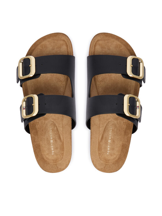 Tommy Hilfiger Klapki Tommy Hilfiger Leather Double Strap Cork Sandals FW0FW09118 Czarny