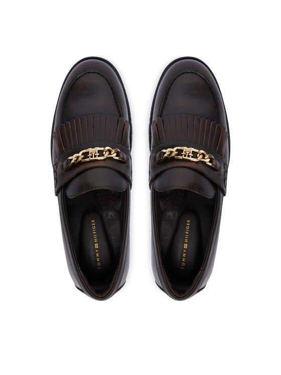 Tommy Hilfiger Loaferek Tommy Hilfiger Th Chain Fringe Leather Loafer FW0FW09668 Sötétbarna