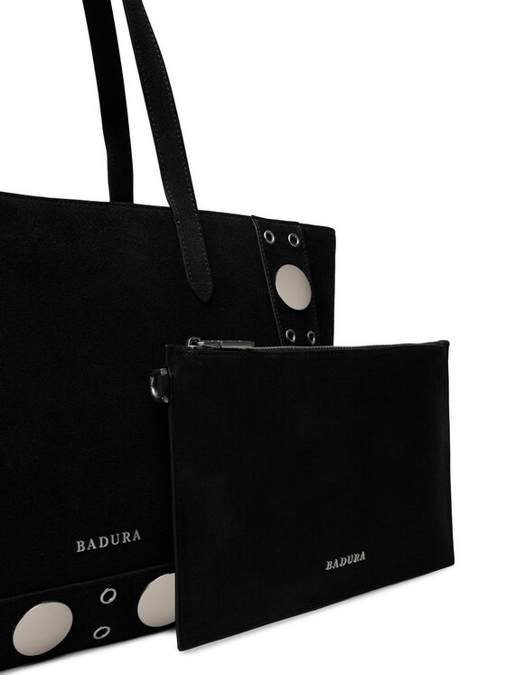 Zbliżenie na fragment torebki shopper z doczepioną saszetką.