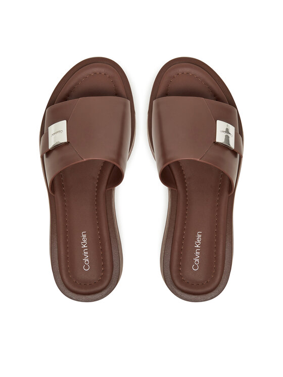 Calvin Klein Чехли Calvin Klein Flatform Slide W/Ck Hw - Lth HW0HW02368 Кафяв