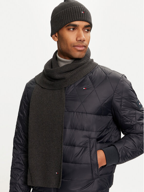 Tommy Hilfiger Zestaw Szalik i Czapka Tommy Hilfiger Flag Pima Cotton Beanie & Scarf AM0AM12937 Szary