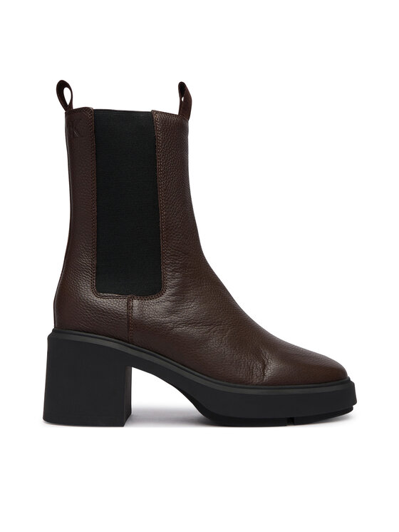 Calvin Klein Botki Calvin Klein Block Heel Chelsea Boot Lth HW0HW03694 Brązowy ciemny
