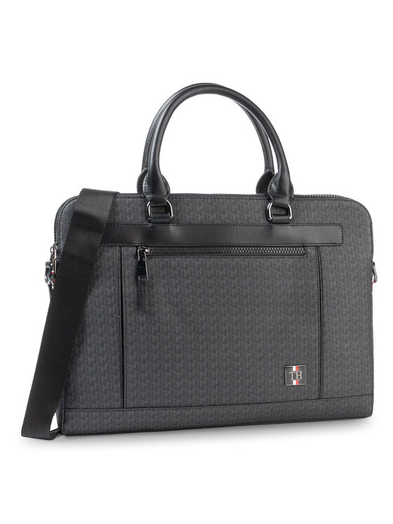 Tommy Hilfiger Portatīvā datora soma Tommy Hilfiger Coated Canvas Slim Mono Comp Bag AM0AM05036 Melns