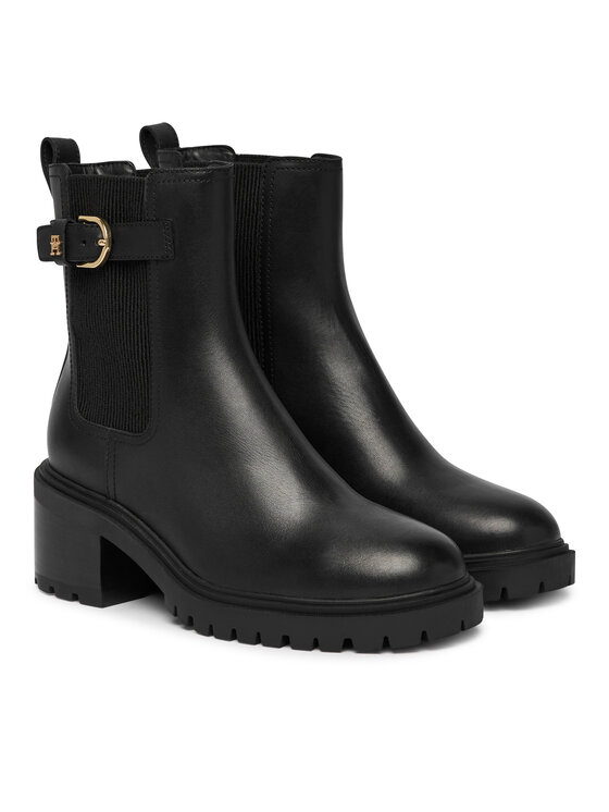 Tommy Hilfiger Botki Tommy Hilfiger Block Heel Buckled Chelsea Boot FW0FW09577 Czarny