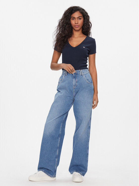 Tommy Jeans Tommy Jeans Majica Tjw Slim Essential Rib V Ss DW0DW17385 Mornarsko modra Slim Fit