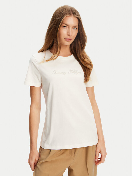 Tommy Hilfiger Tommy Hilfiger Majica Script WW0WW47210 Écru Regular Fit